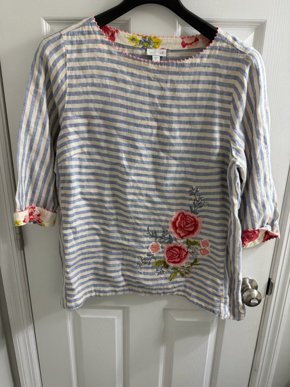 J Jill Striped Linen Top with Floral Embroidery Large L